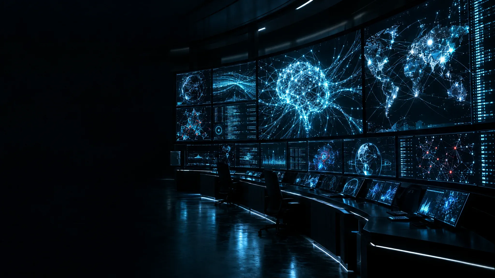 Dunkle Datenlandschaft eines KI-Sicherheitszentrums
